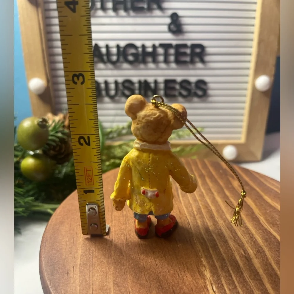 Vintage Resin Bear Christmas Ornament – Yellow Raincoat, Red Shoes, Glitter, 3”